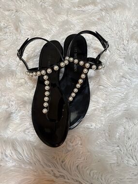 Stuart Weitzman Black Pearl-Embellished T-Strap Sandals